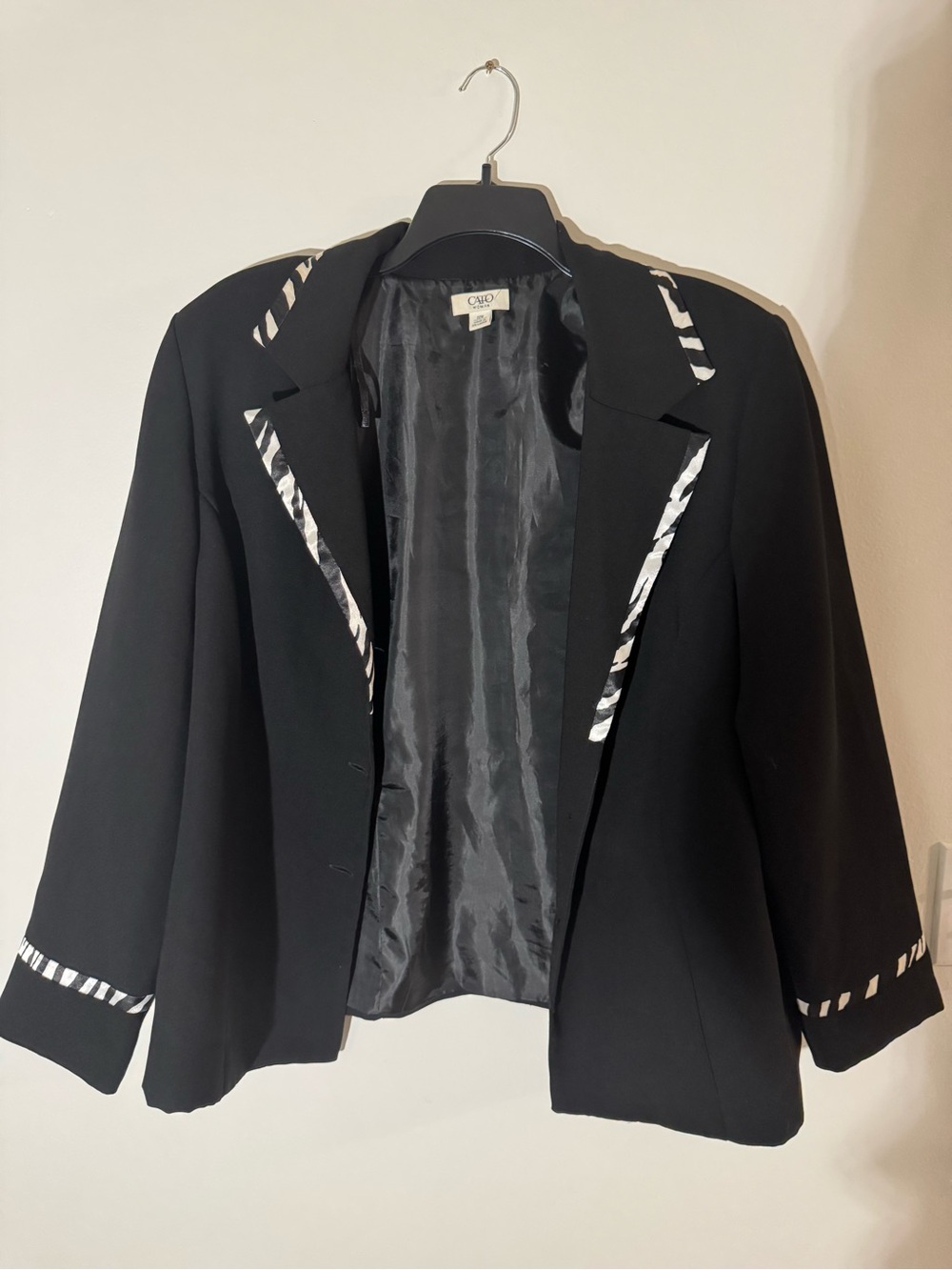 Cato Black Blazer with Zebra-Pattern Contrast Trim